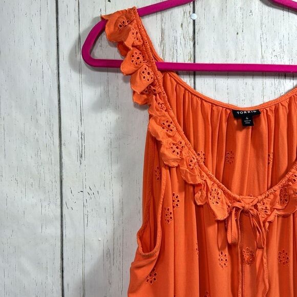 Torrid Eyelet Orange Ruffle Tie Front Womens Sleeveless Summer Casual Tank Top - Picture 2 of 13
